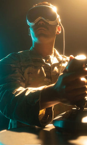A student wears a virtual reality headset.